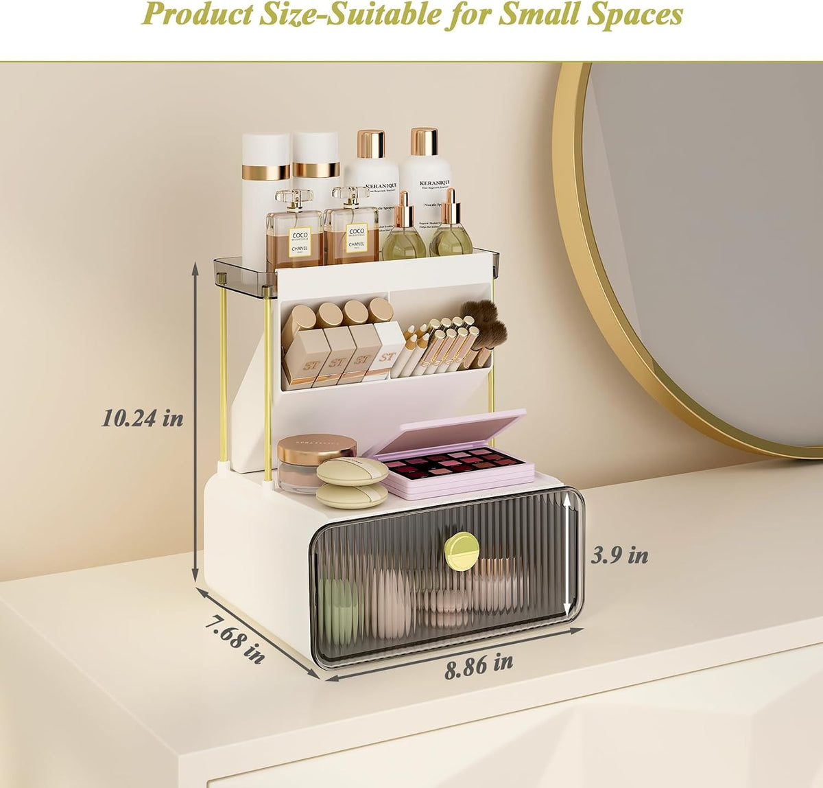 FOLLOWIN 3 Tier Makeup Organizer, Vanity Desk Cosmetic Display with Drawer