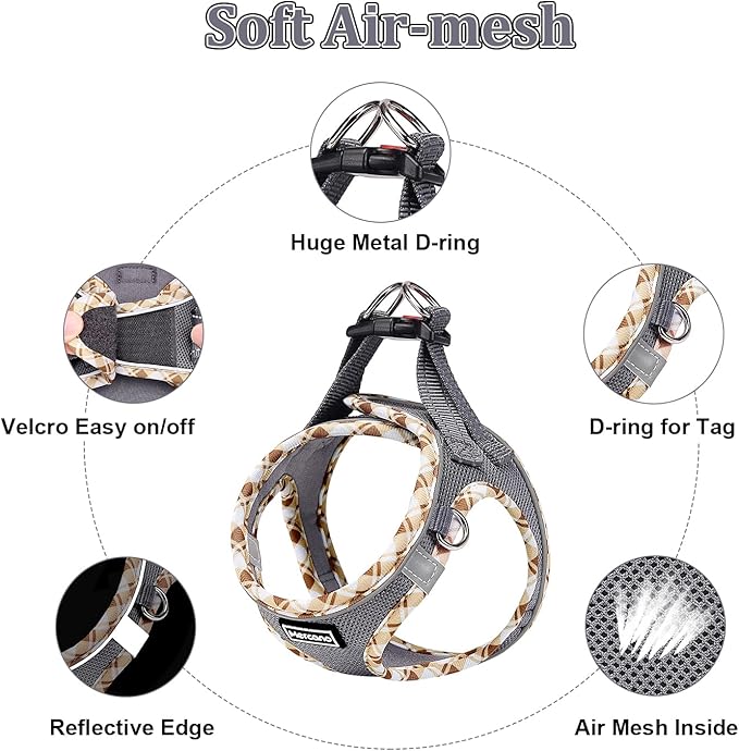 Mercano Soft Mesh Dog Harness and Leash Set, No-Chock Step-in Reflective Breathable Lightweight Easy Walk Vest Harnesses with Safety Buckle for Small Dogs, Cats (Grey, S)
