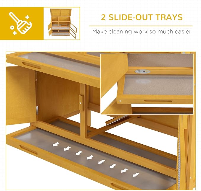 PawHut Wooden Bunny Rabbit Hutch, Small Animal Habitat with Ramp, Removable Tray & Weatherproof Roof, for Rabbits, Chickens, Ducks, Indoor/Outdoor, Yellow