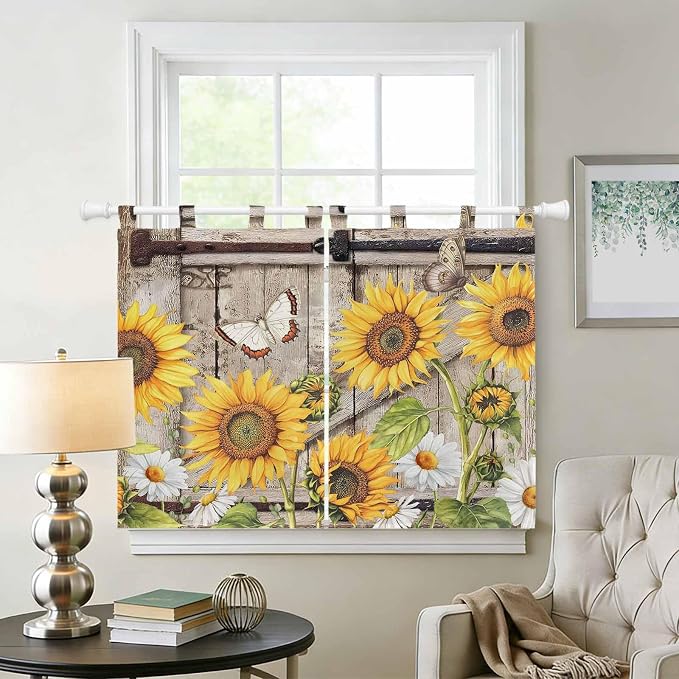 Farmhouse Sunflowers Kitchen Curtains 45 Inch Length, Short Cafe Window