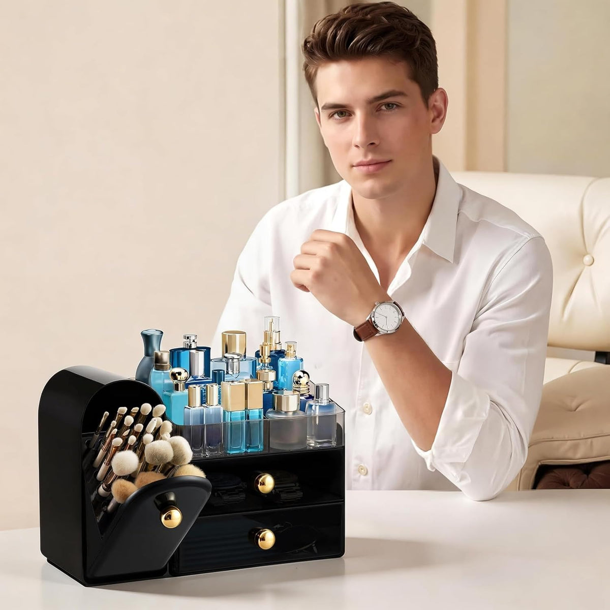 HBlife Makeup Organizer Countertop with Drawers, Cologne Organizer for Men, Vanity Organizers with Brush Holder, Bathroom Countertop Organizer Skin Care Storage, Gift for Dad Husband, Black and Gold