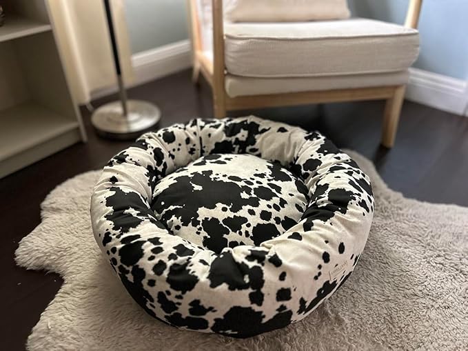 Organic Cotton Canvas Dog Bed: Removable Cover, Natural Fill - Made in USA (Cow Print Black White, Medium 28" x 8" inches)