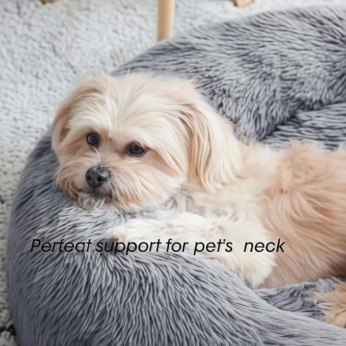 SALAN Calming Donut Dog Bed for Small Dogs and Cats, 16 Inch Round Plush Faux Fur Pet Bed, Washable Fluffy Self Warming Anti Anxiety Cuddler Bed for Puppy, Kitten, Indoor Cats (Khaki)