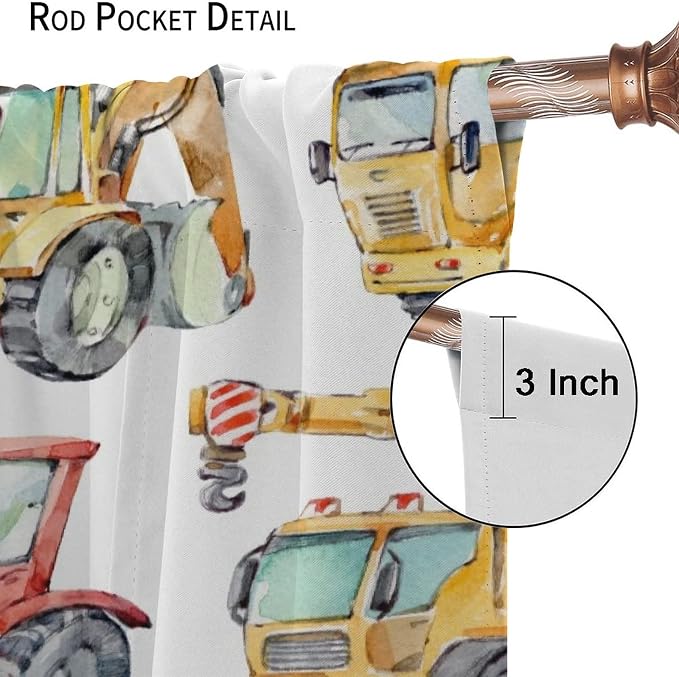 Kids Excavator Curtains, Retro Truck Tractor Machinery Construction Vehicle