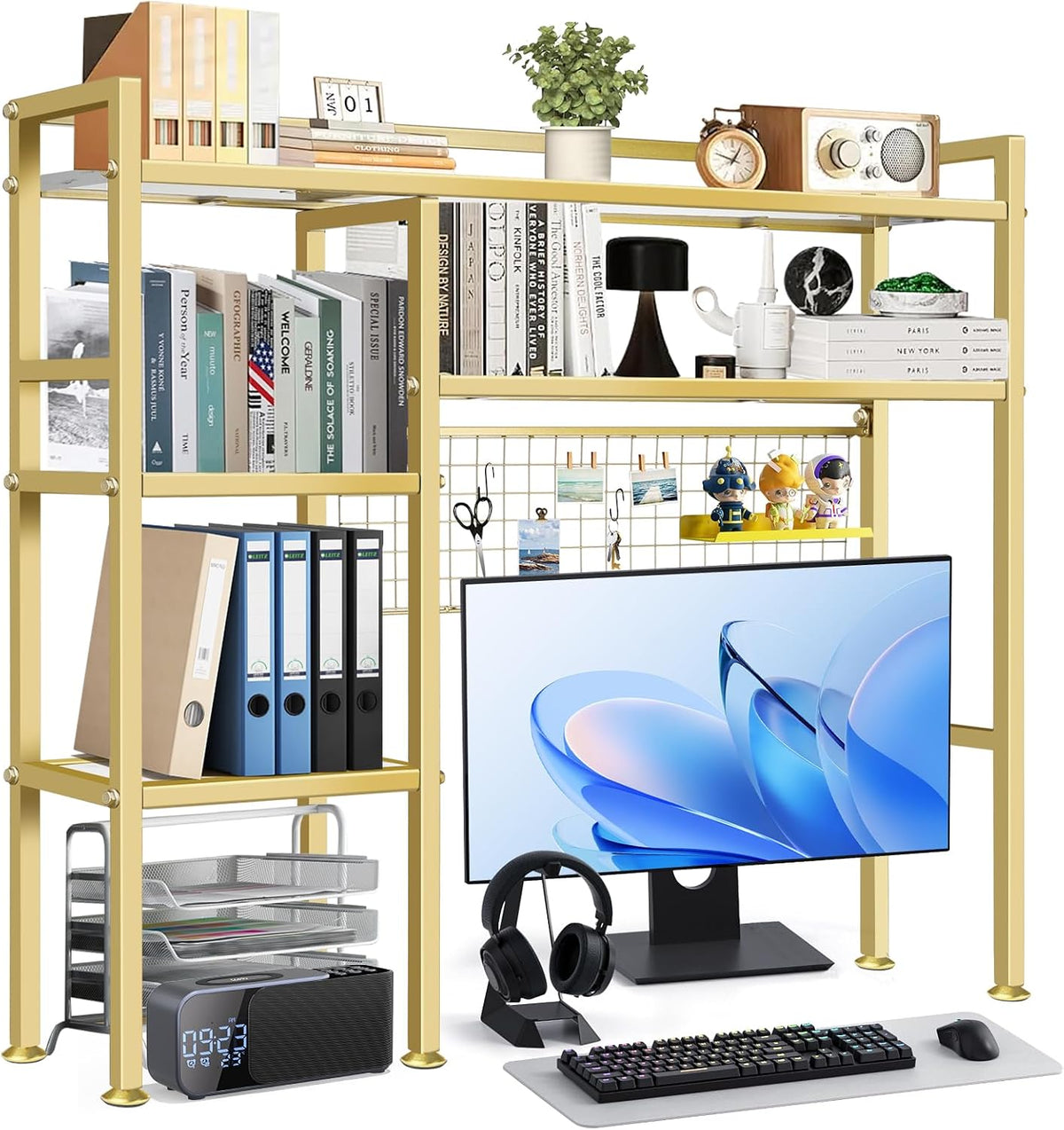 Desk Shelf with Grid Panel, 37.5" Desktop Hutch Organizer, 4-Tier Desk Bookshelf for Computer Desk, Metal & Wood Desktop Storage Rack for Home Office, Dorm, Study Desk, Gold