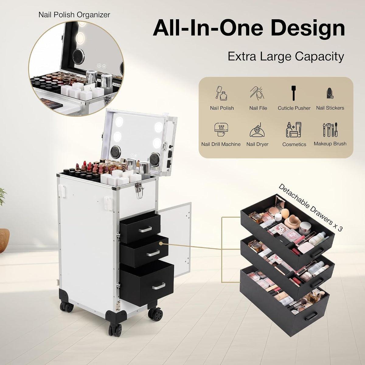 Rolling Portable Manicure Table with 3 Drawers, Makeup Case Foldable Nail Desk with Wheels, Lockable Mesa de Uñas Profesional para Nail Techs, Mobile Nail Makeup Workstation