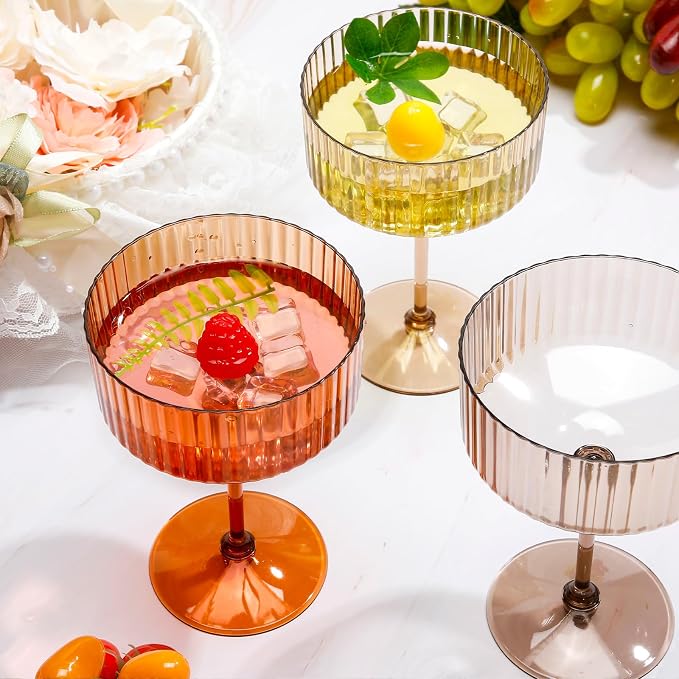 Jingmore 24 Pcs Ribbed Martini Glasses 10 oz Disposable Plastic Vintage Ribbed