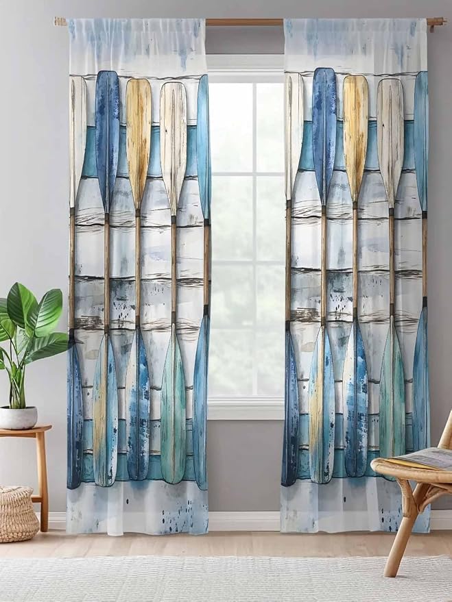 Sheer Curtains 96 Inches Long, Lake Paddle Striped Semi Sheer Curtains Light