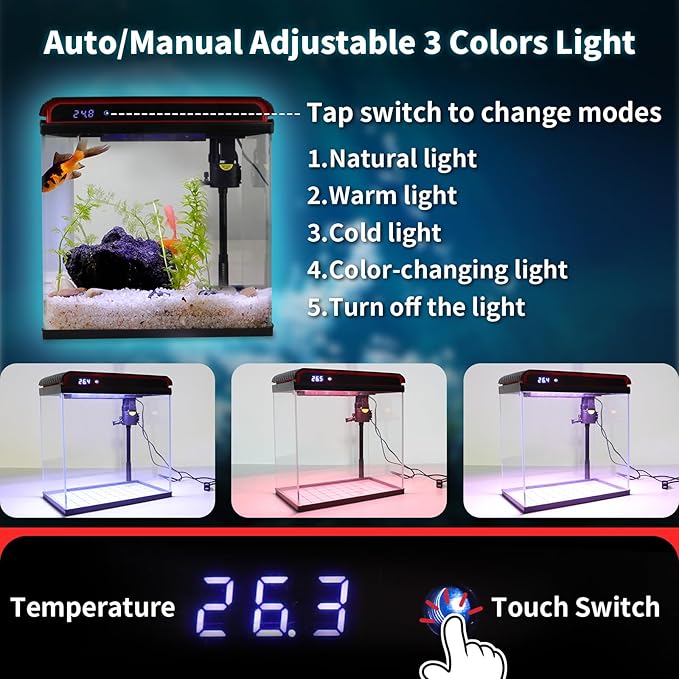 5 Gallon Fish Tank, Glass Aquarium Starter Kits, Self-Cleaning Water Pump & 3-Color Light with Water Temperature Detection for Betta Shrimp Guppy Jellyfish Goldfish Beta, Gift for Room Decor Kid