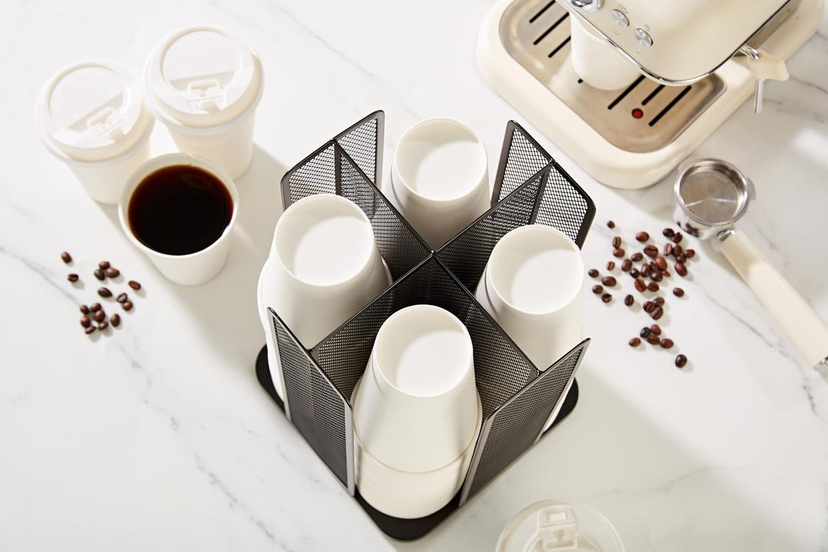 Annova Paper/Plastic Cup and Lid Holder Plastic Storage Organizer, 360°Rotating Coffee Mup Dispenser with 4 Compartments, Multifunctional Storage Rack for Home, Office, Bar, Coffee Shop (Black)