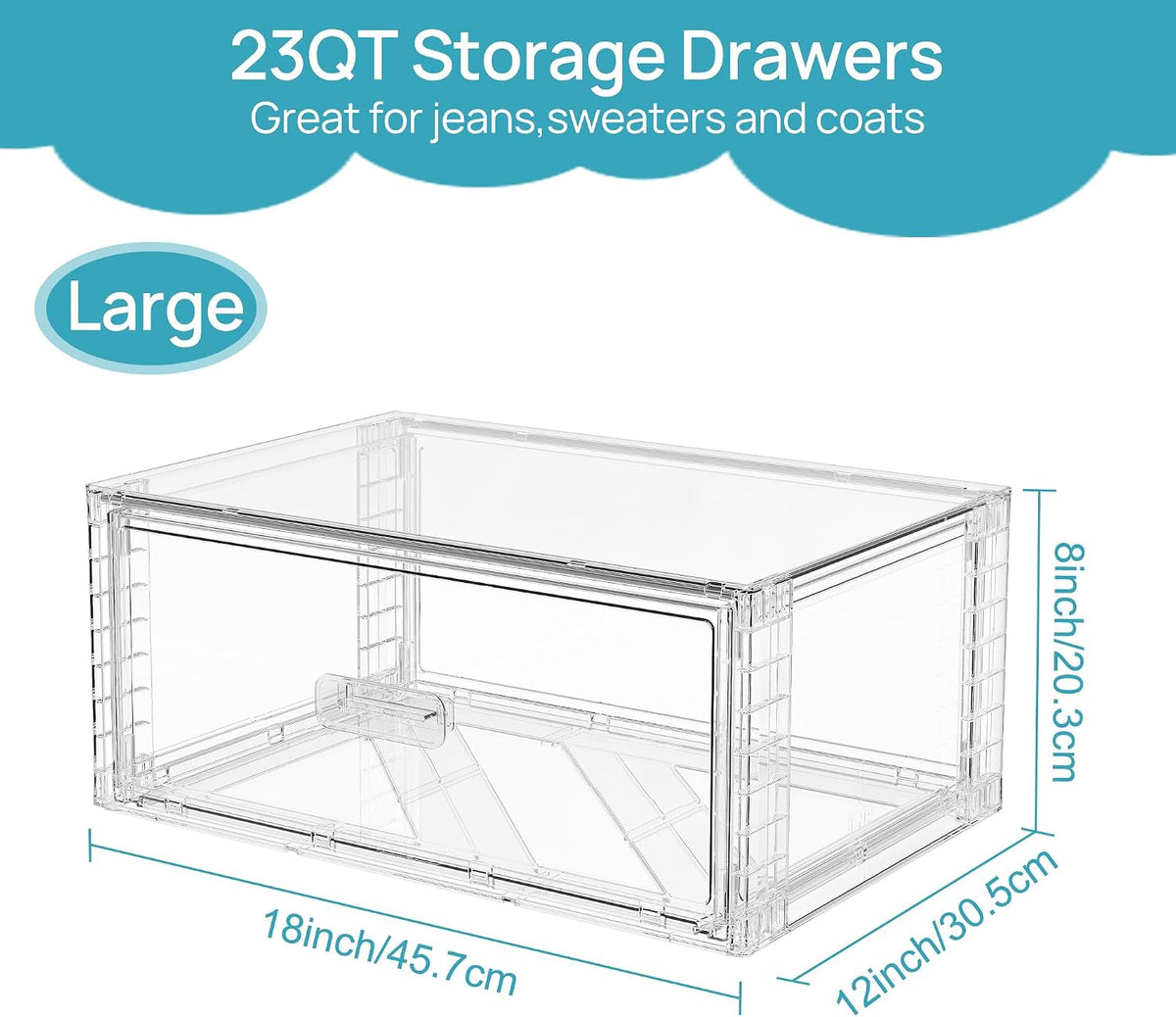 Vtopmart 2 Pack Large Clear Stackable Storage Drawers for Closet, 23QT