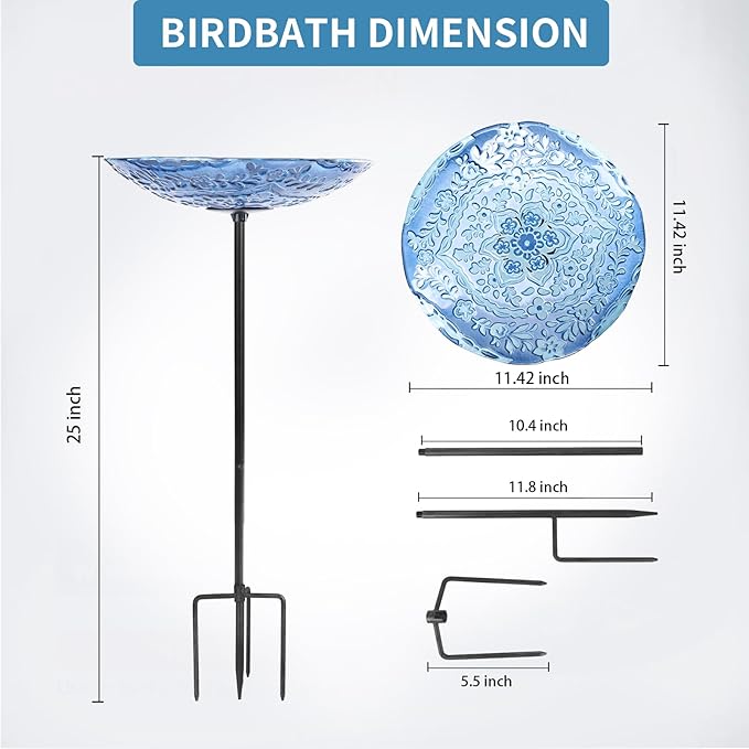 MUMTOP Bird Baths for Outdoors, Glass Birdbath Birdfeeder Bowl with Metal Stake for Outside Garden Yard Lawn Flower Style Decor