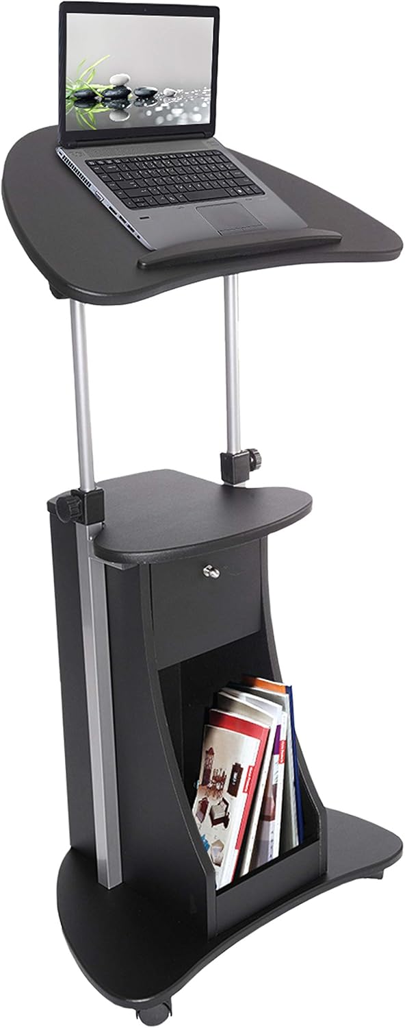 Techni Mobili Adjustable Height Rolling Laptop Cart with Storage, Black