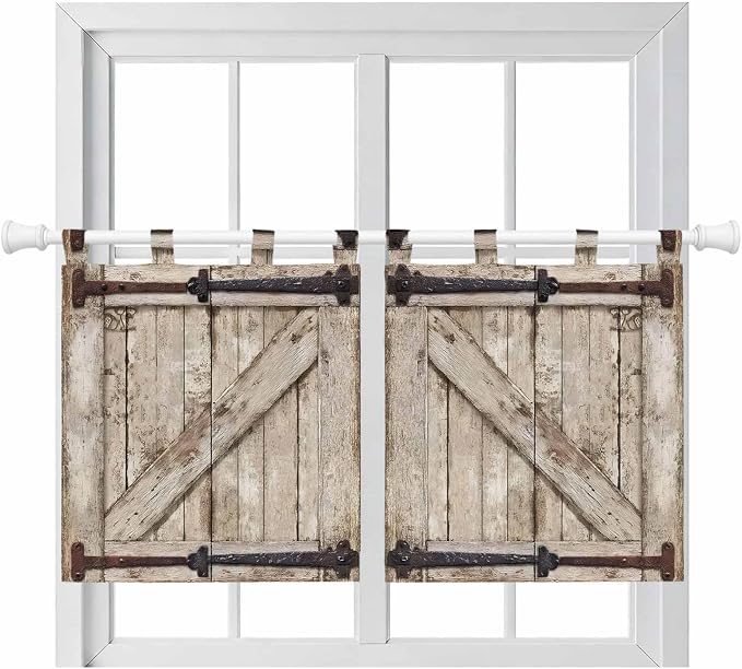 Farmhouse Wood Grain Kitchen Curtains 36 Inch Length, Small Window Curtains Tab