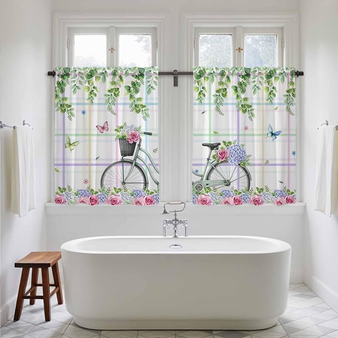 Spring Kitchen Curtains, Bicycles Botanical Leaves Rose Colorful Stripes Light