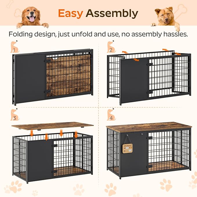 Foldable Dog Crate Furniture, 47.2" Dog Crate with DIY Frame, Heavy Duty Dog Kennel Indoor with Hooks, Wooden Dog Cage End Table, for Small/Medium/Large Dogs, Rustic Brown DC120BR