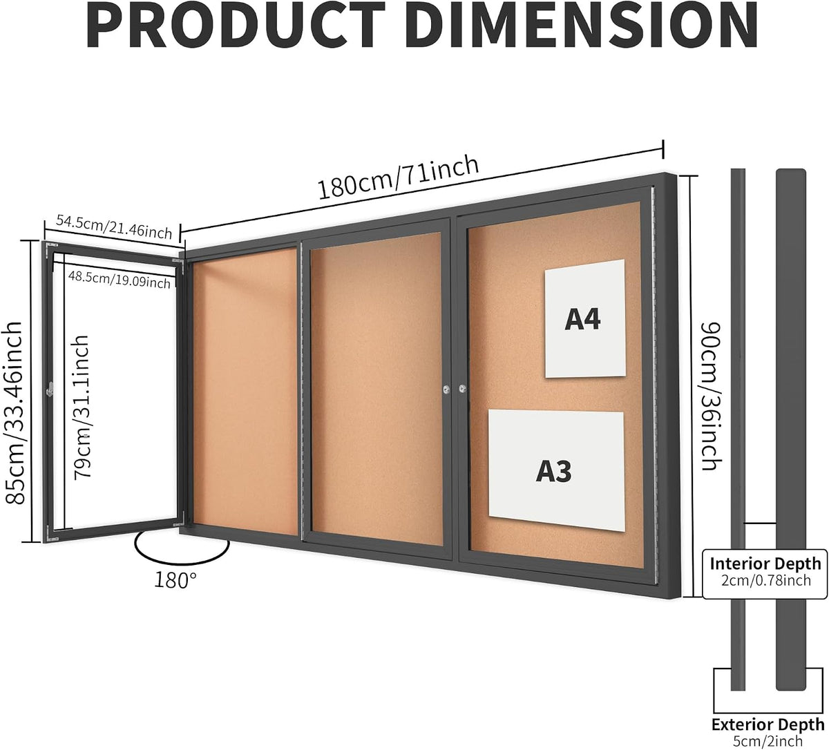 Lockable Enclosed Bulletin Board, 71 x 36 Inch 3-Door Cork Board Display Case with Acrylic Doors and Aluminum Frame, Large Wall Mounted Bulletin Board for School, Office, Church, Community