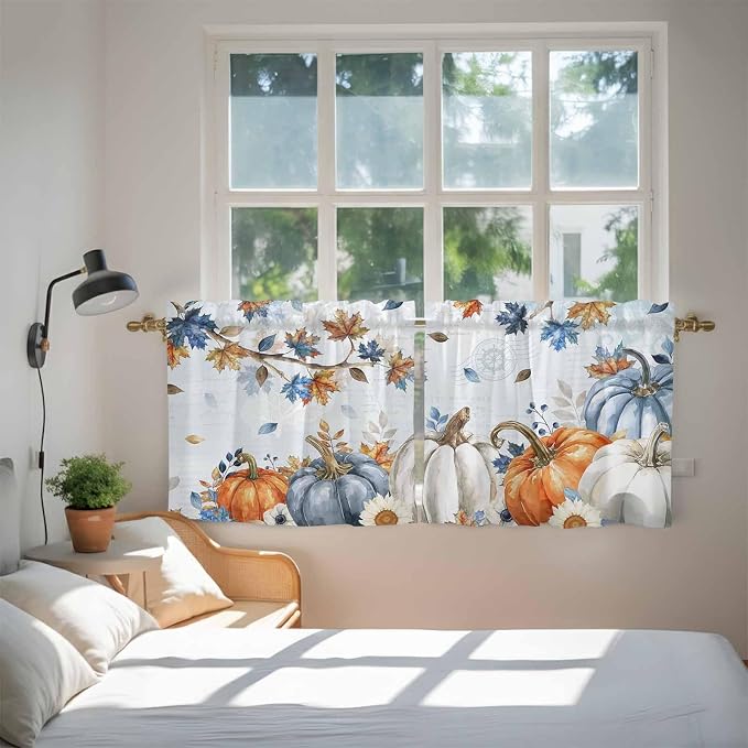 Fall Blue Maple Kitchen Tier Curtains 24 Inch Long 2 Panel Set, Rod Pocket Cafe