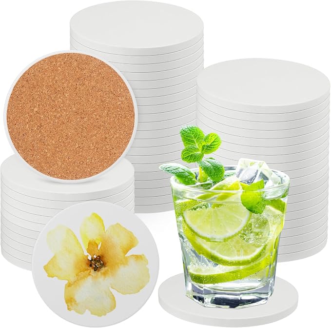 GNIEMCKIN 50 Pieces 3.54 Inch Round Blank Ceramic Coasters, Unglazed Ceramic