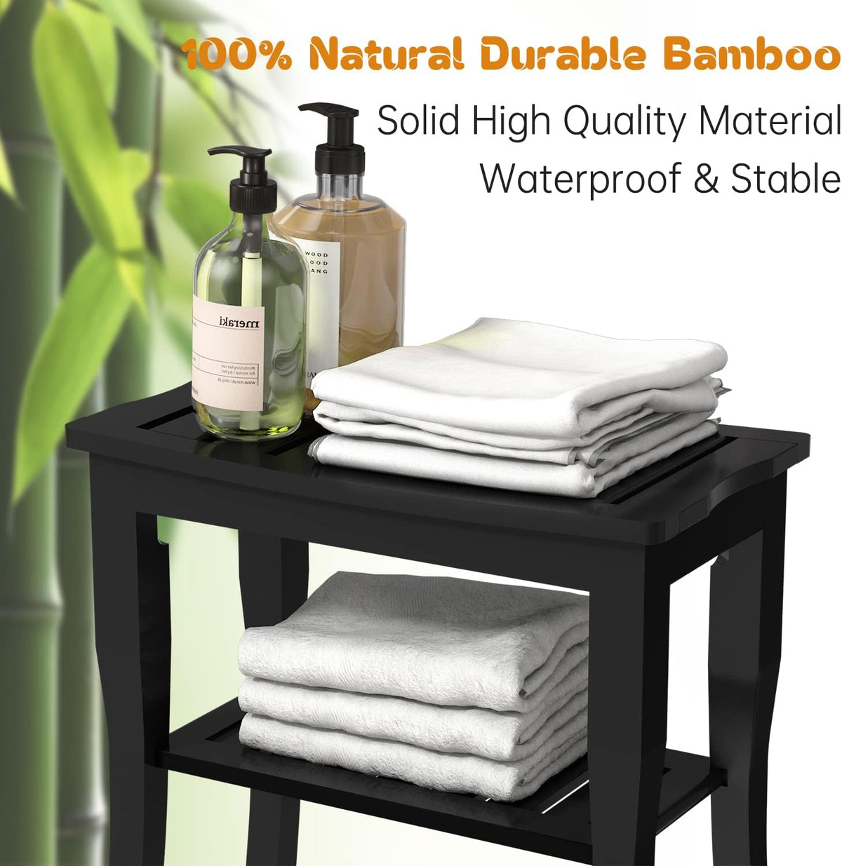Domax Bamboo Shower Bench & Stool Waterproof - Wood Shower Bench with Storage Shelf for Inside Shower(Black)