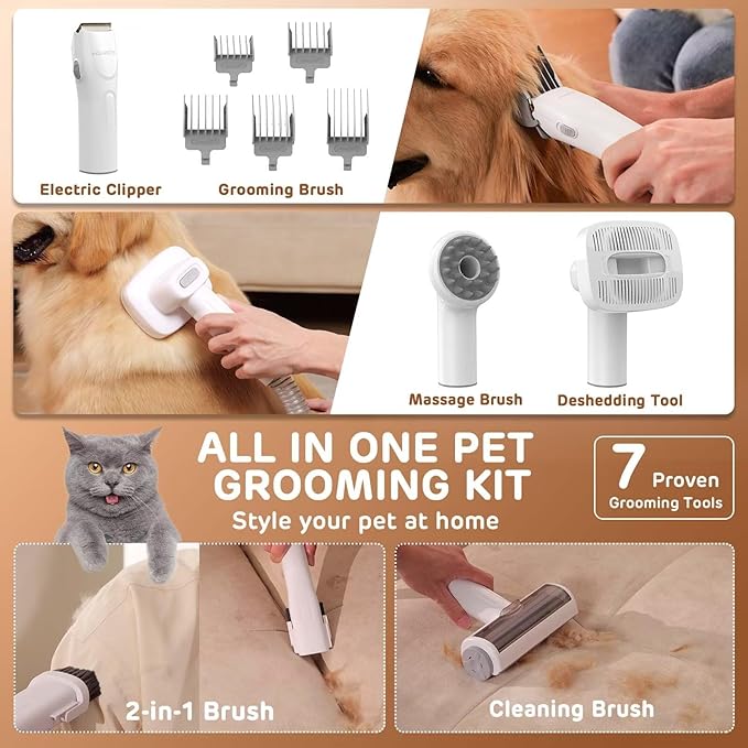 Dog Grooming Vacuum Kit - 3L Vacuum with 7 Tools, Low Noise Electric Clipper and Brush for Pet Shedding at Home, Gray