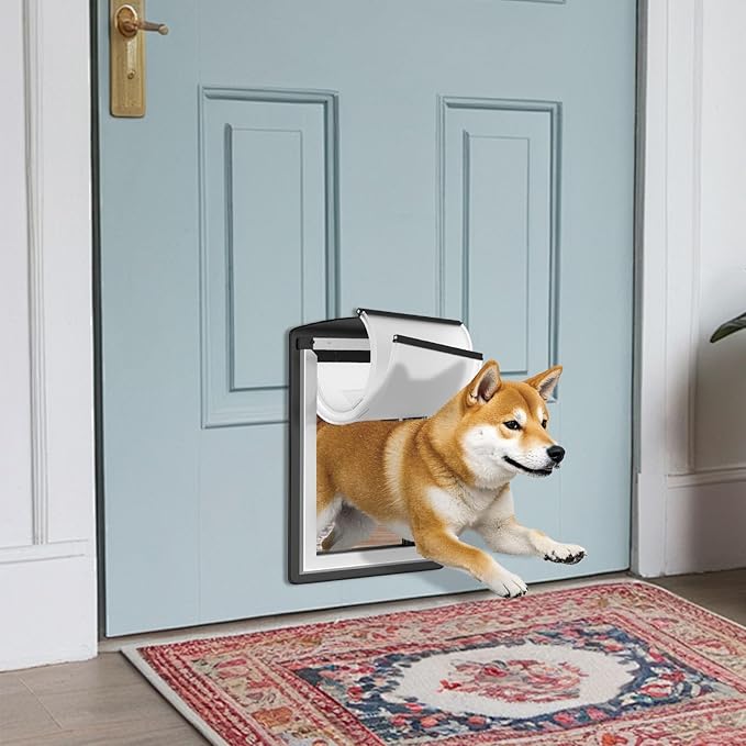 MAVRICFLEX Dog Door for Door - All-Stainless Steel Frame, Weather-Resistant Double Soft Flaps, 2 Sliding ABS Panels for Indoor/Outdoor Use, Fits Dogs Up to 40 LBS, Easy Install, Black