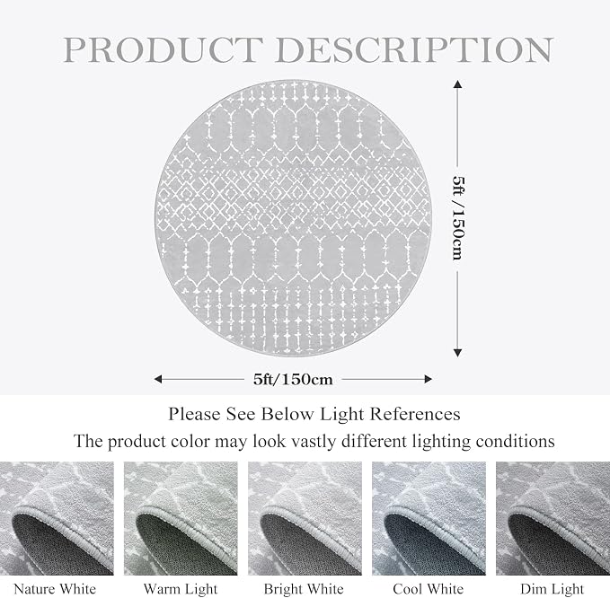 Lahome Moroccan 5Ft Round Rug Machine Washable Round Bedroom Carpet Grey