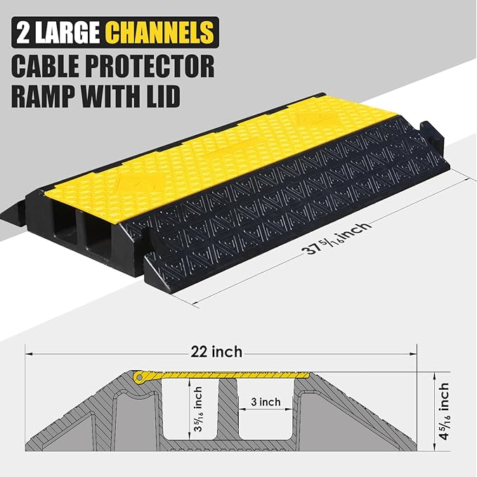 Large 2-Channel Rubber Floor Cable Protector Ramp, Heavy-Duty Floor Cable Wire Cord Cover Speed Bumps, Driveway Hose Cable Ramp Protective Cover (2 Large Channels)