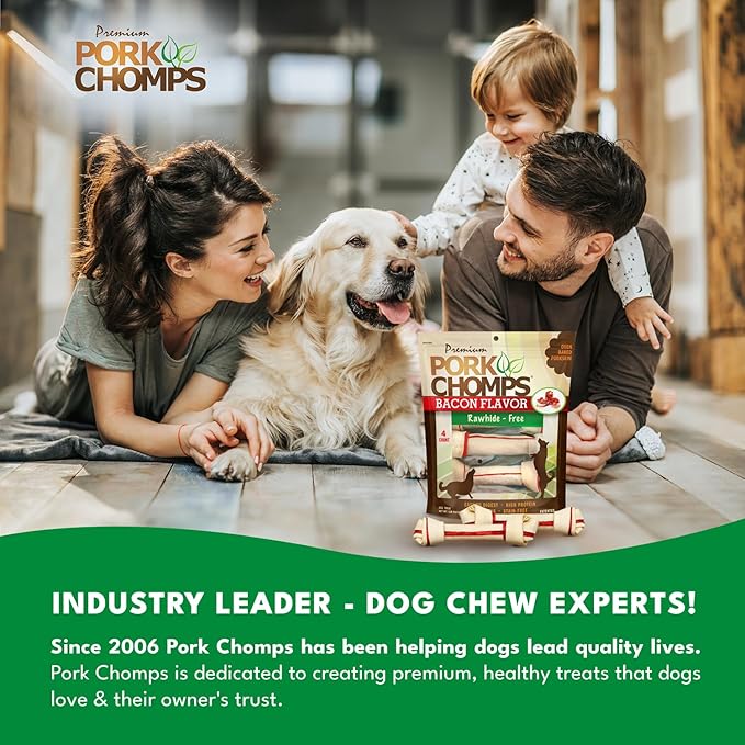 Pork Chomps Baked Pork Skin Dog Chews, 11 Inch Knots, 4 Count, 1 Pack, Bacon Flavor - Long-Lasting Treats for Dogs - High Protein, Rawhide-Free, Low Fat, Healthy & Delicious Chews