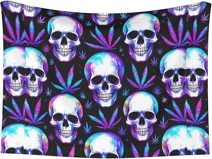 Reversible Plush Pet Blanket for Puppies Kittens, Blue Weedleaf Trippy Skull Crossbones Black, Double Sided Gentle Dot Texture for New Pets Adjusting to Home Environment Softly