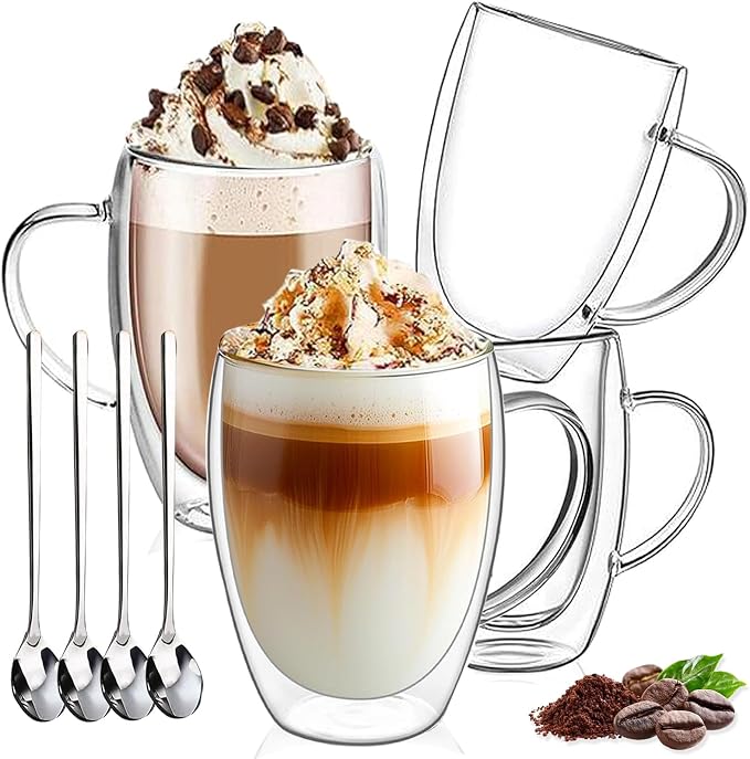 DINGPAI 15 oz Double Walled Glass Coffee Mugs, Large Coffee Mug
