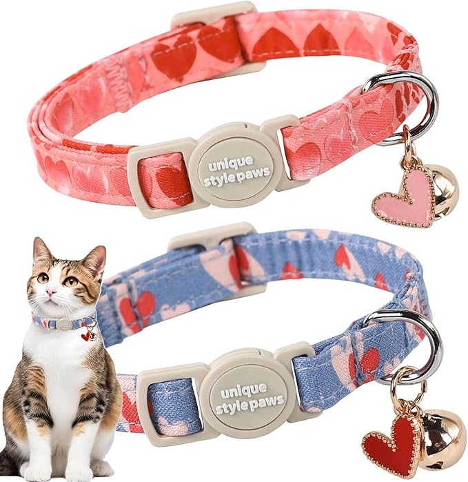 Unique style paws 2 Pack Valentine's Kitten Collar Breakaway with Bell&Pendant, Adjustable Safety Red Lip Rainbow Cat Cotton Collar for Girl Boy Cat and Small Pet