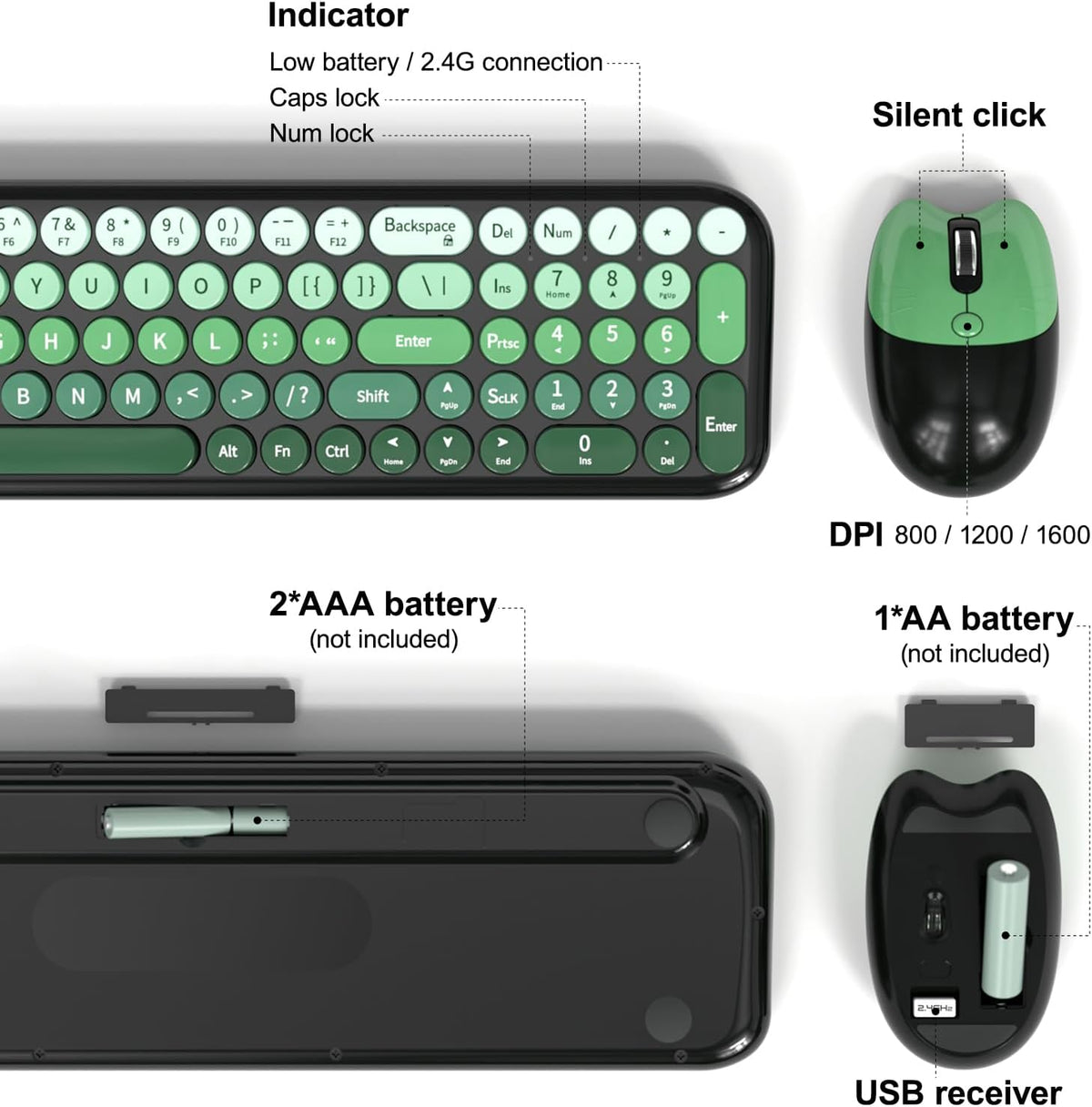 Wireless Keyboard and Mouse Combo, MOWUX Compact Typewriter Retro Round Computer Keyboard, Cute Optical Mouse Wireless, Plug and Play, for Laptop, PC, Computer- Black Green Gradient