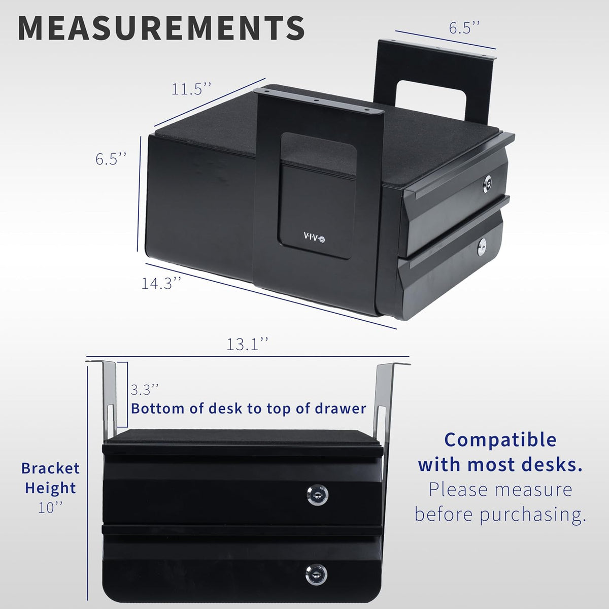 VIVO Black 12 x 14 inch Under Desk Double Stacked Drawers, DESK-AC03L-2B