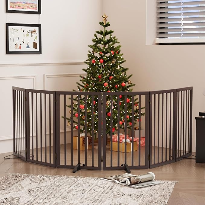 Dog Gates for Doorways, Foldable Dog Gate Indoor, Freestanding Pet Gates for Doorways Bedroom, Puppy Gate with Metal Support Feet, Room Divider, 6 Panels (Brown)