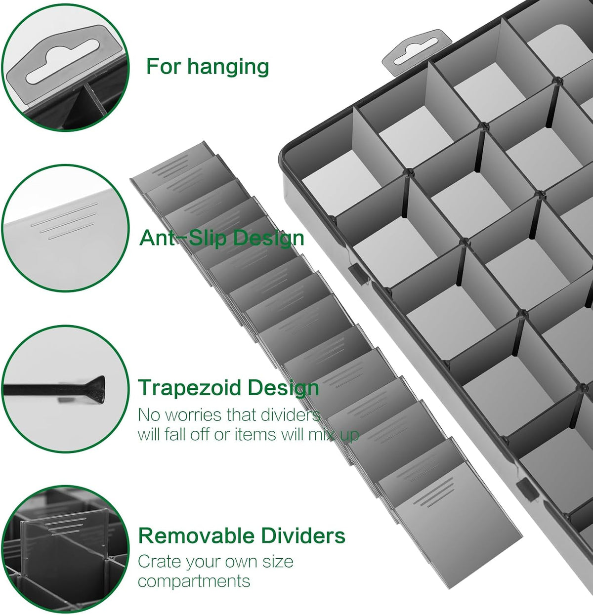 Gbivbe Large 24 Grids Plastic Organizer Box Adjustable Dividers,Clear Storage Box for Jewelry, Art DIY Crafts, Washi Tapes, Beads and Small Parts(Black,3Pack)