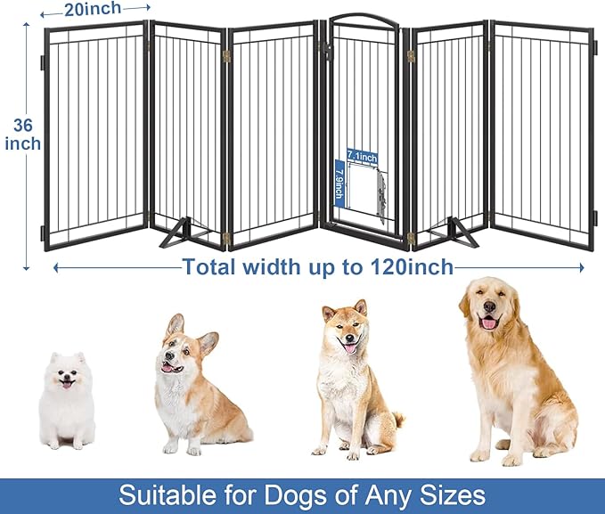 Metal Freestanding Dog Gate with Cat Door for Indoor&Outdoor,120" Extra Wide Foldable Pet Gate,36" Tall Foldable Indoor Dog Fence for Wide Openings Stairs,Deck,Yard,Doorways(6 Panels,Black)