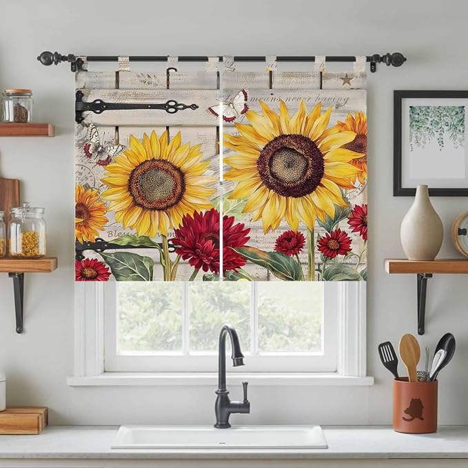 Red Yellow Sunflowers Kitchen Curtains 45 Inch Length, Short Cafe Window