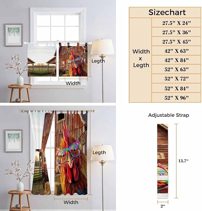 Farm Rooster Bedroom Curtains 72 Inch Length, Window Curtains Tab Top,
