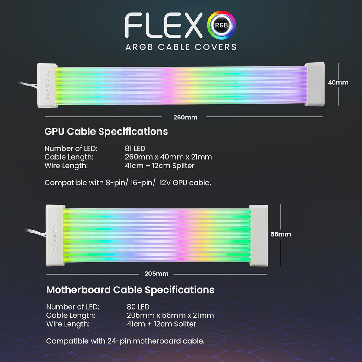 TECWARE Flex RGB Cable Cover Kit | Compatible with 24-Pin Motherboard and 8-Pin/16-Pin GPU | ARGB PSU Cable Extension with 5V 3-Pin Sync | RGB Lighting Kit for PC Cables | White