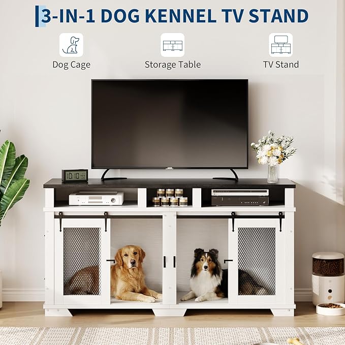 71'' Dog Crate Furniture for 2 Dogs, Extra Large Double Dog Kennel Indoor with Removable Divider and Storage Drawers, Wooden Dog Crate TV Stand for Large Medium Dogs