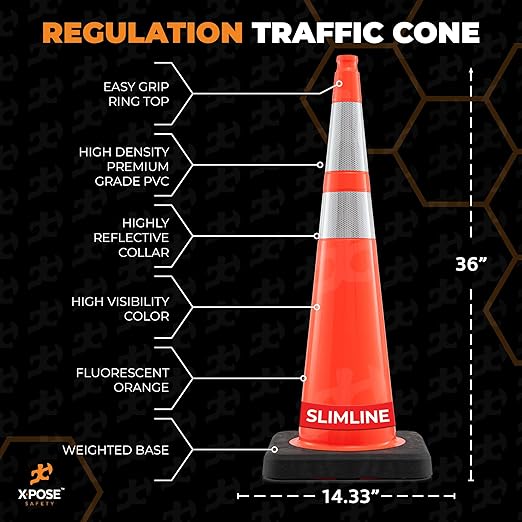 Xpose Safety 36 Inch Orange Slim Line Traffic Cones Heavy Duty 12lb with 6" & 4" Collars, 24 Pack Multipurpose PVC Plastic Safety Cone for Parking, Soccer, Caution, Kids & Construction - DOT Approved