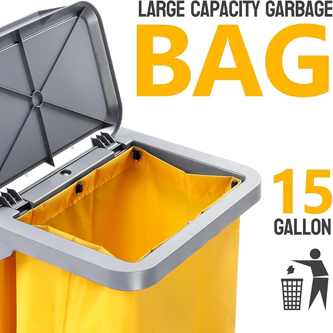 TUFFIOM Multifunctional Janitorial Cart with Key-Locking Cabinet,Cleaning Carts on Wheels,with 15 Gallon Collection Bag,500 lbs Capacity, Yellow&Gray