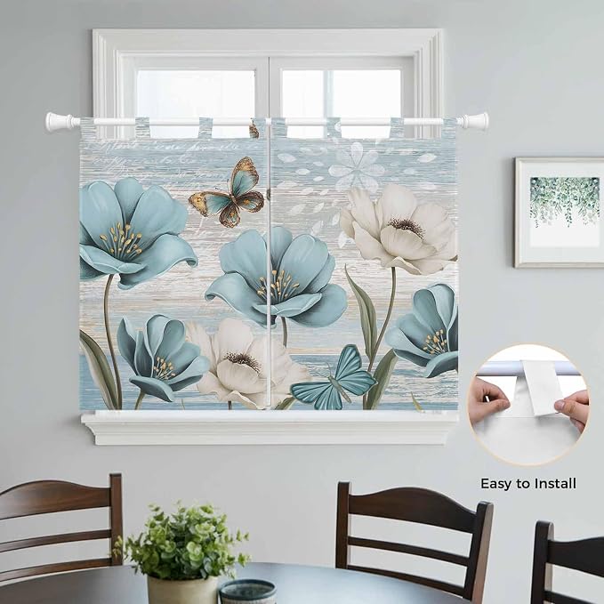 Spring Floral Kitchen Curtains 45 Inch Length, Short Cafe Window Curtains Tab