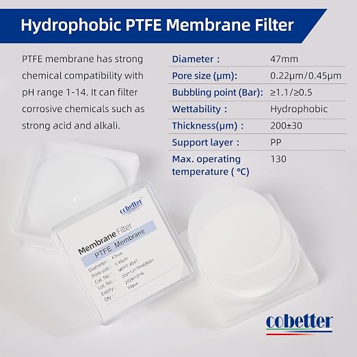 100 Pieces/Pack PTFE Disc Membrane Filters Hydrophobic 47mm Diameter 0.22µm