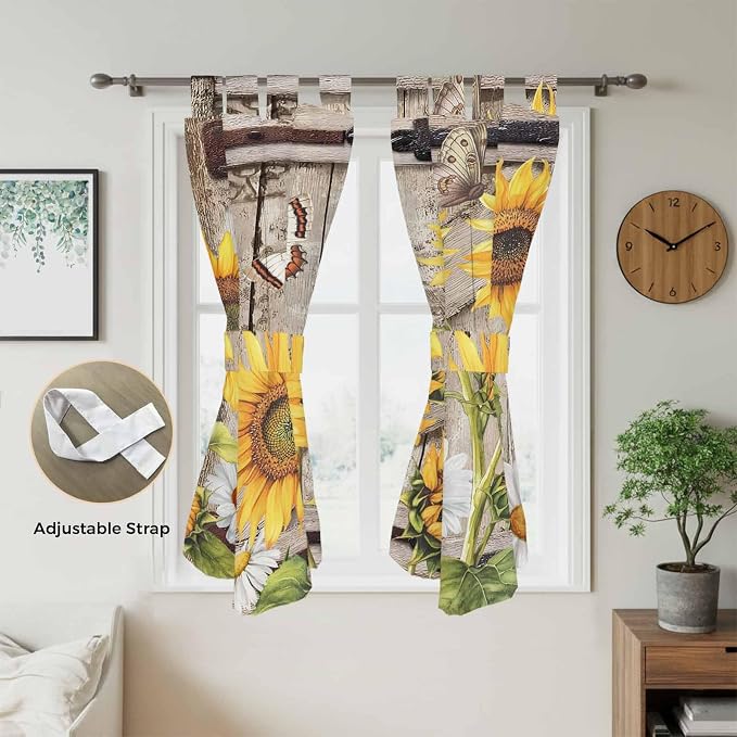 Farmhouse Sunflowers Bathroom Curtains 63 Inch Length, Window Curtains Tab Top