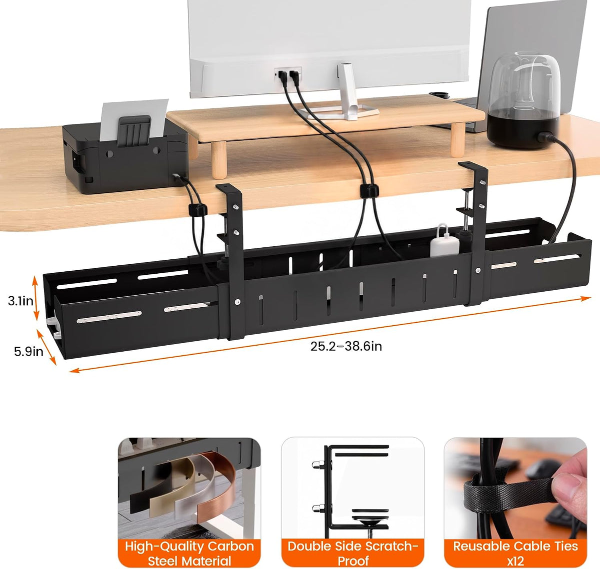 Under Desk Cable Management Tray-No Drill Clamp Moun，Expandable 25.2"–38.6"
