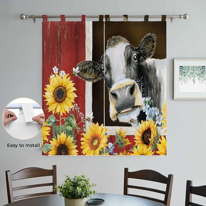 Cows Sunflowers Bathroom Curtains 63 Inch Length, Window Curtains Tab Top