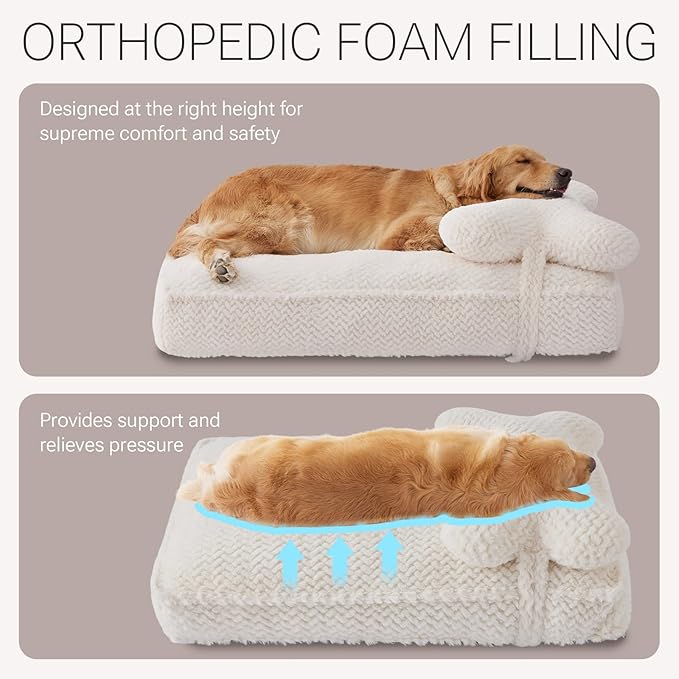 Soft Touch Faux Fur Dog Bed for Extra Large Dogs 8.5" Extra Thick, Orthopedic Pet Bed with Waterproof Liner and Washable Cover, with Removable Cute Pillow, Cream Color