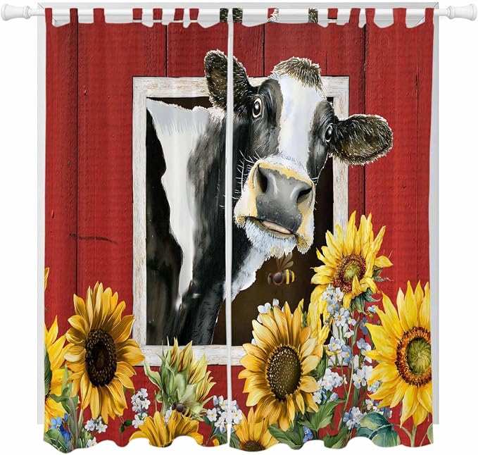 Cows Sunflowers Living Room Curtains 96 Inch Length, Window Curtains Tab Top